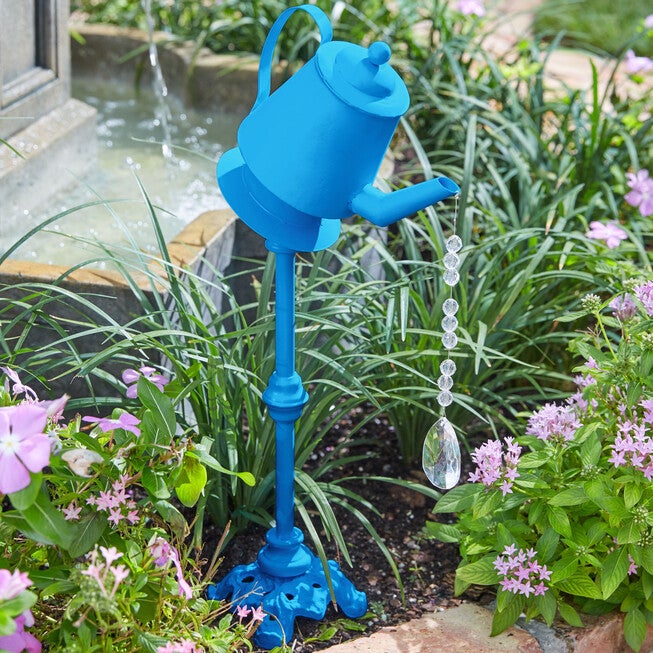 Metal Watering Can with Water Droplet Beads, BLUE, hi-res image number 0