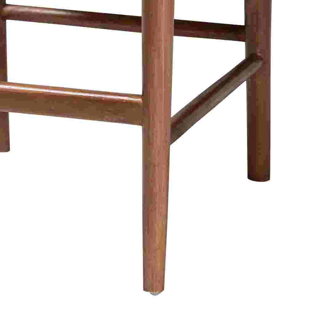 A close-up of the wooden legs and frame of a counter stool.