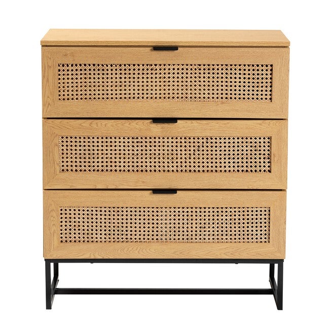 Sawyer Mid-Century Modern Industrial Oak Brown Finished Wood And Black Metal 3-Drawer Storage Cabinet With Natural Rattan, , alternate image number null