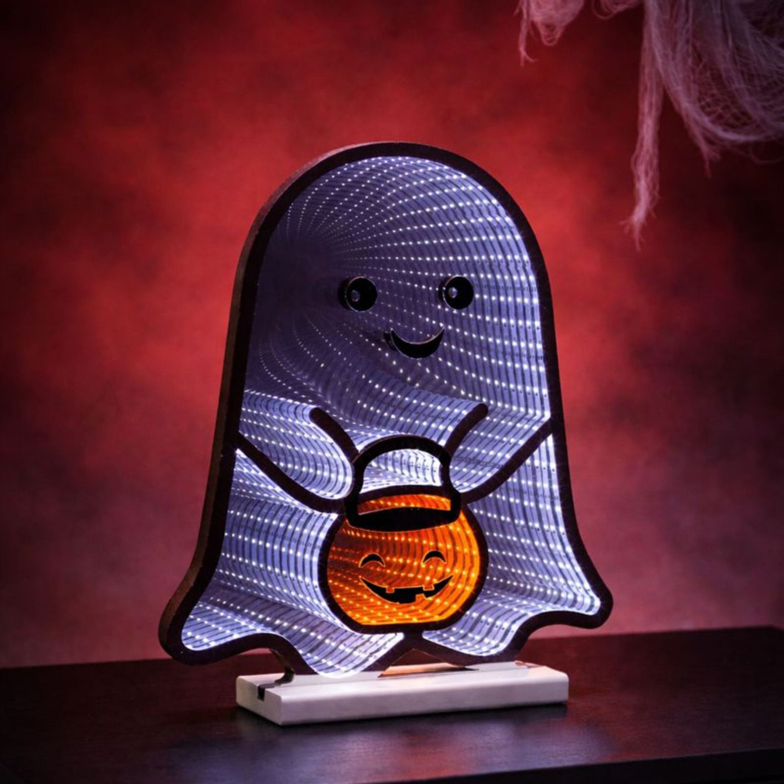 Ghost w/Candy Bucket Ekkolight 16 inchesH, WHITE ORANGE BLACK, alternate image number 1