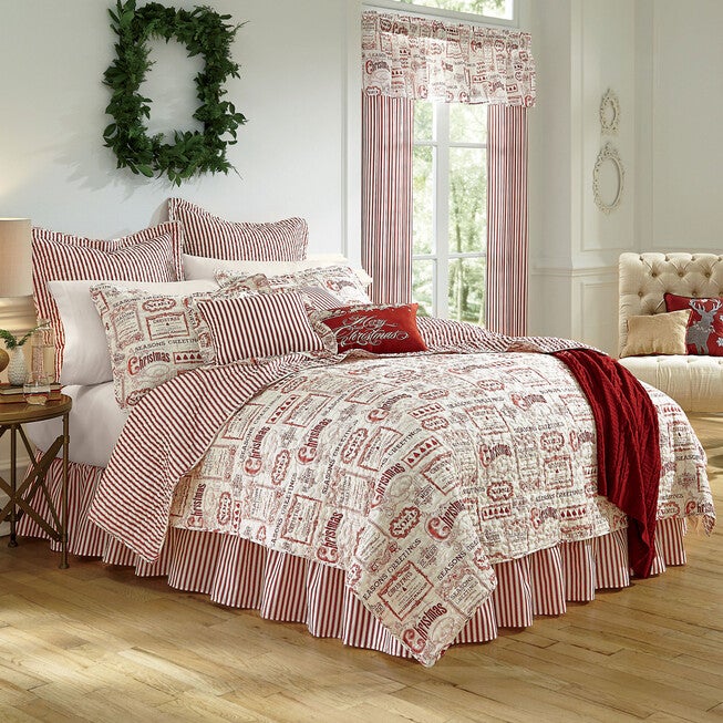 Vintage Christmas Bedskirt, IVORY RED, hi-res image number 0