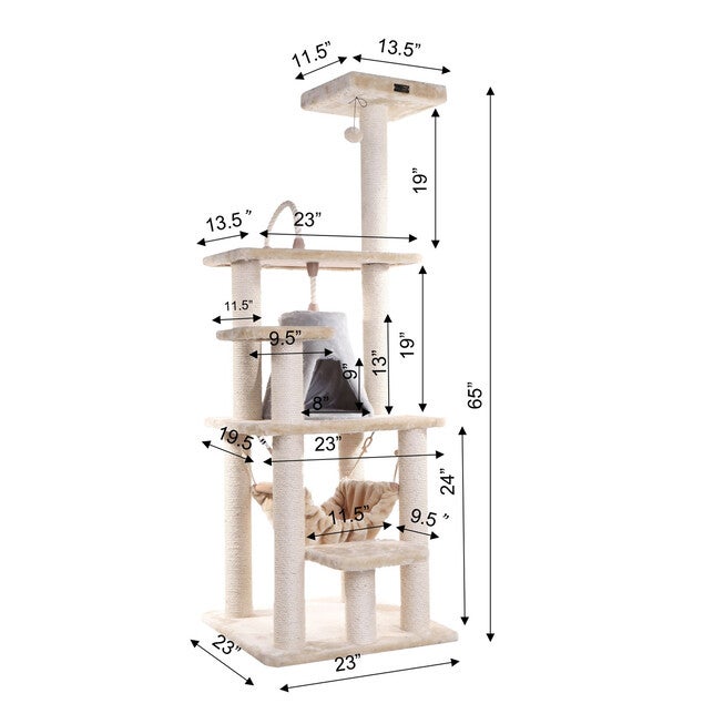 65 inches Real Wood Cat Tree With Sisal Rope, Hammock, Playhouse, , alternate image number 4