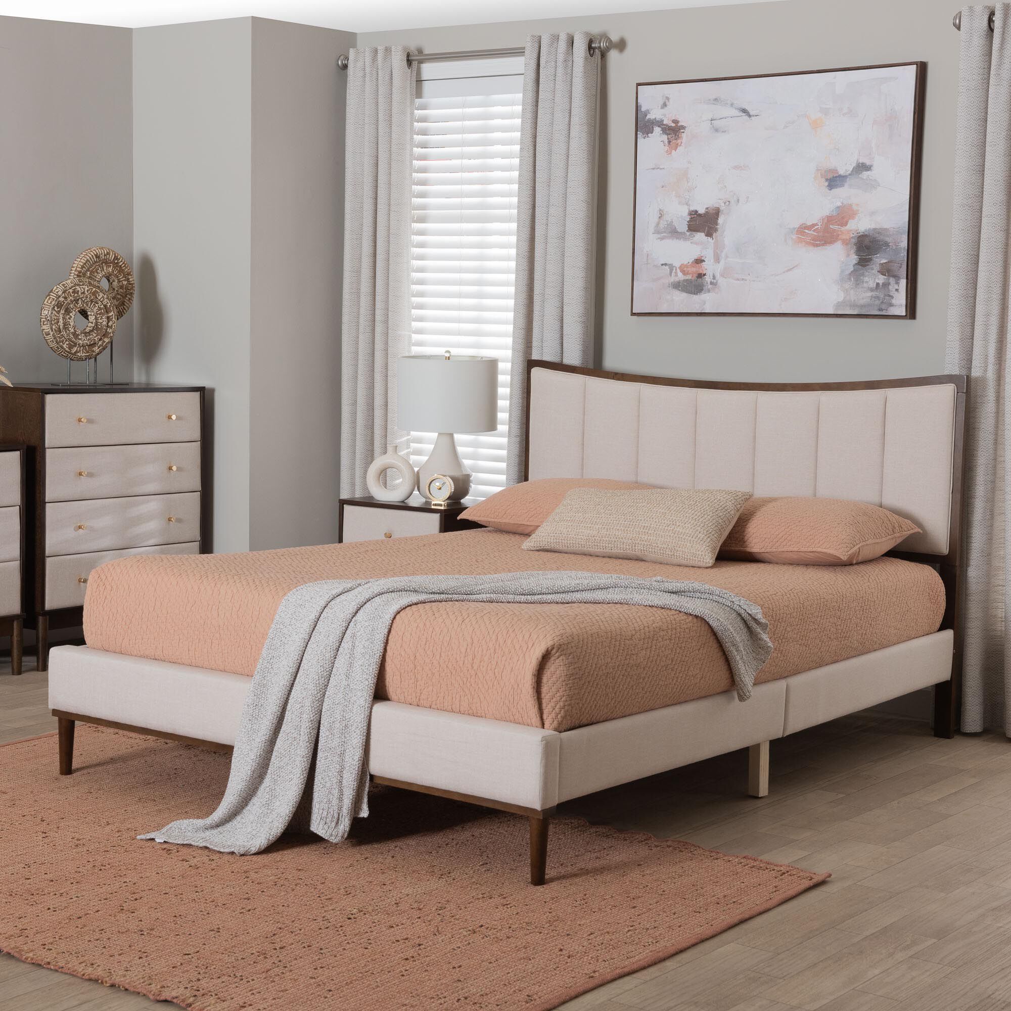 Nikolai Mid-Century Channel Tufted Beige Fabric and Wenge Brown Wood Queen Bed