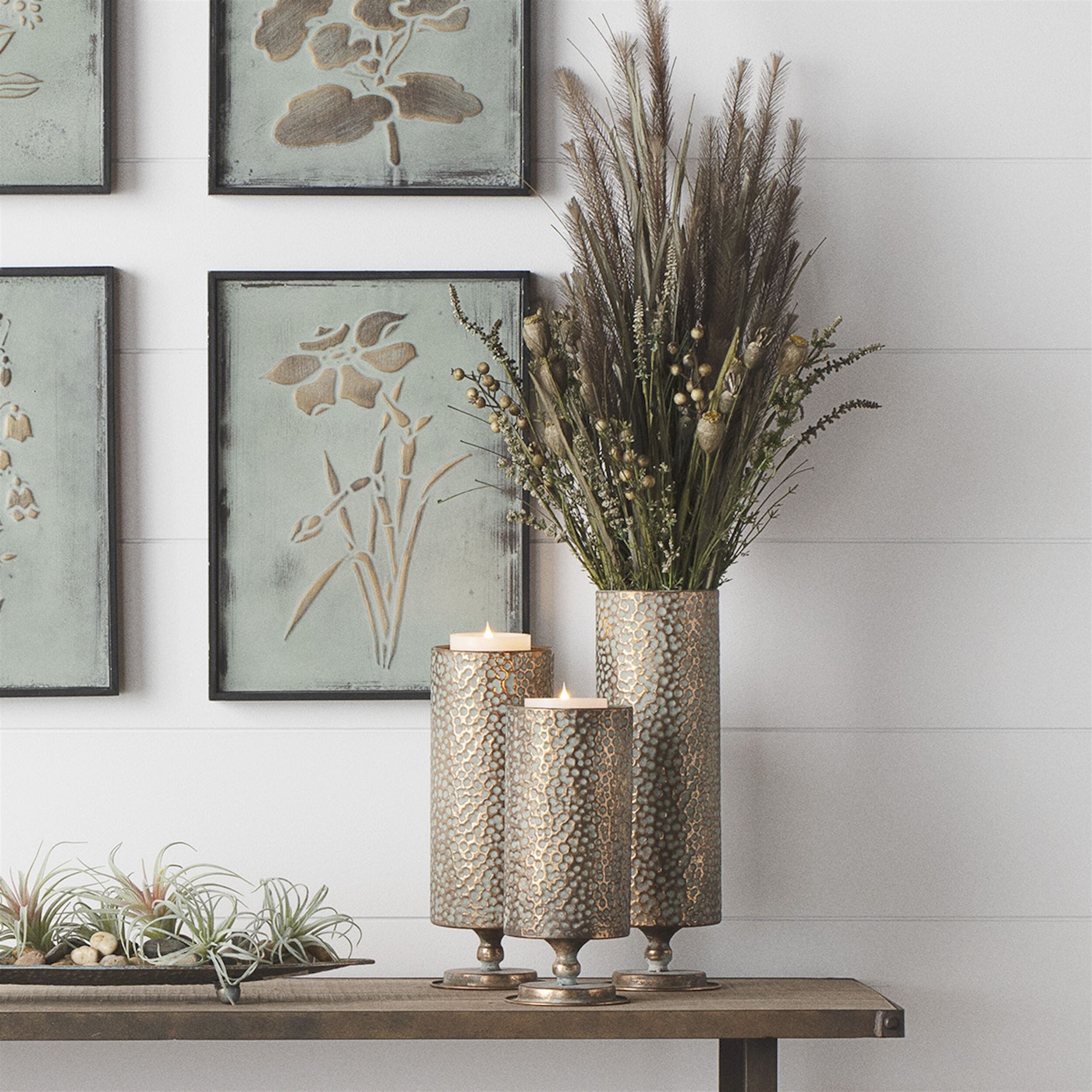 Hammered Bronze Metal Candle Holder (Set of 3), COPPER/GREEN, alternate image number 1