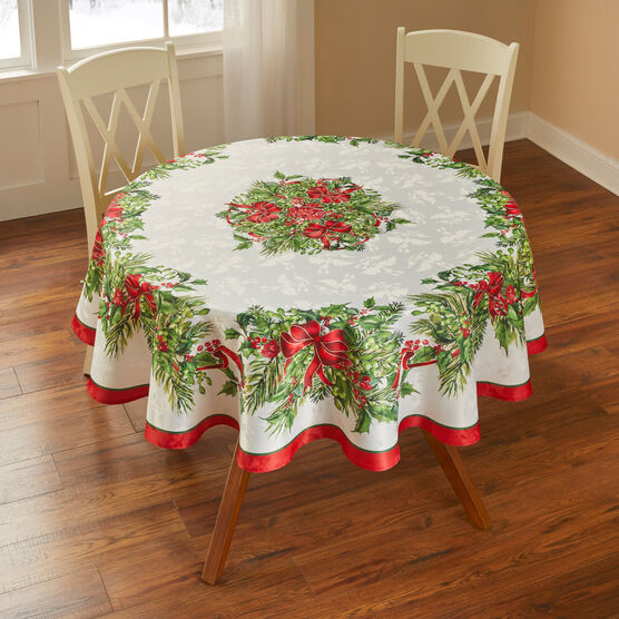 Holly Ribbon Tablecloth 70"Round, MULTI, hi-res image number null