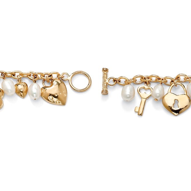 Gold Tone Charm Bracelet Crystal and Cultured Freshwater Pearl 8 inches, , on-hover image number null