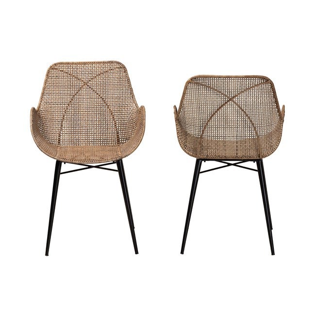 Ballerina Modern Bohemian Greywashed Rattan And Natural Brown Finished Wood 2-Piece Dining Chair Set, , alternate image number 8