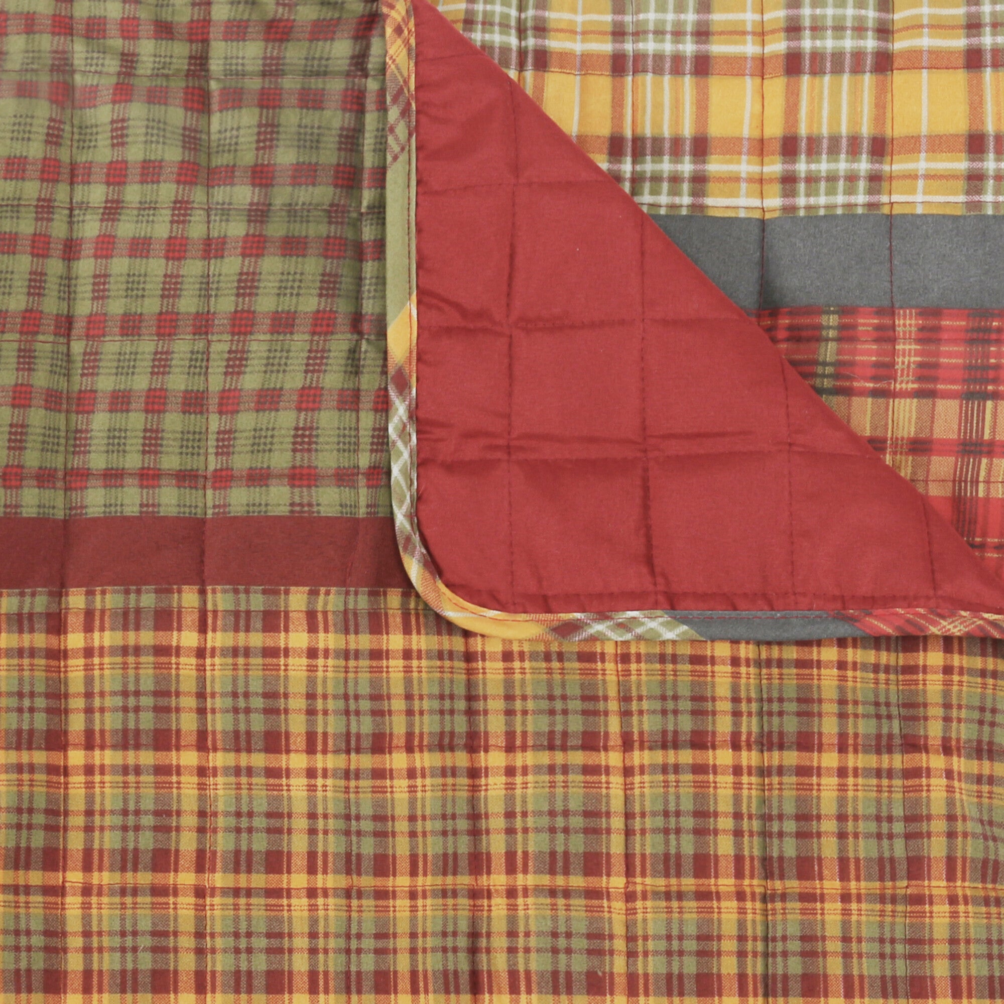 Quilted protector fabric panel in plaid with red backing