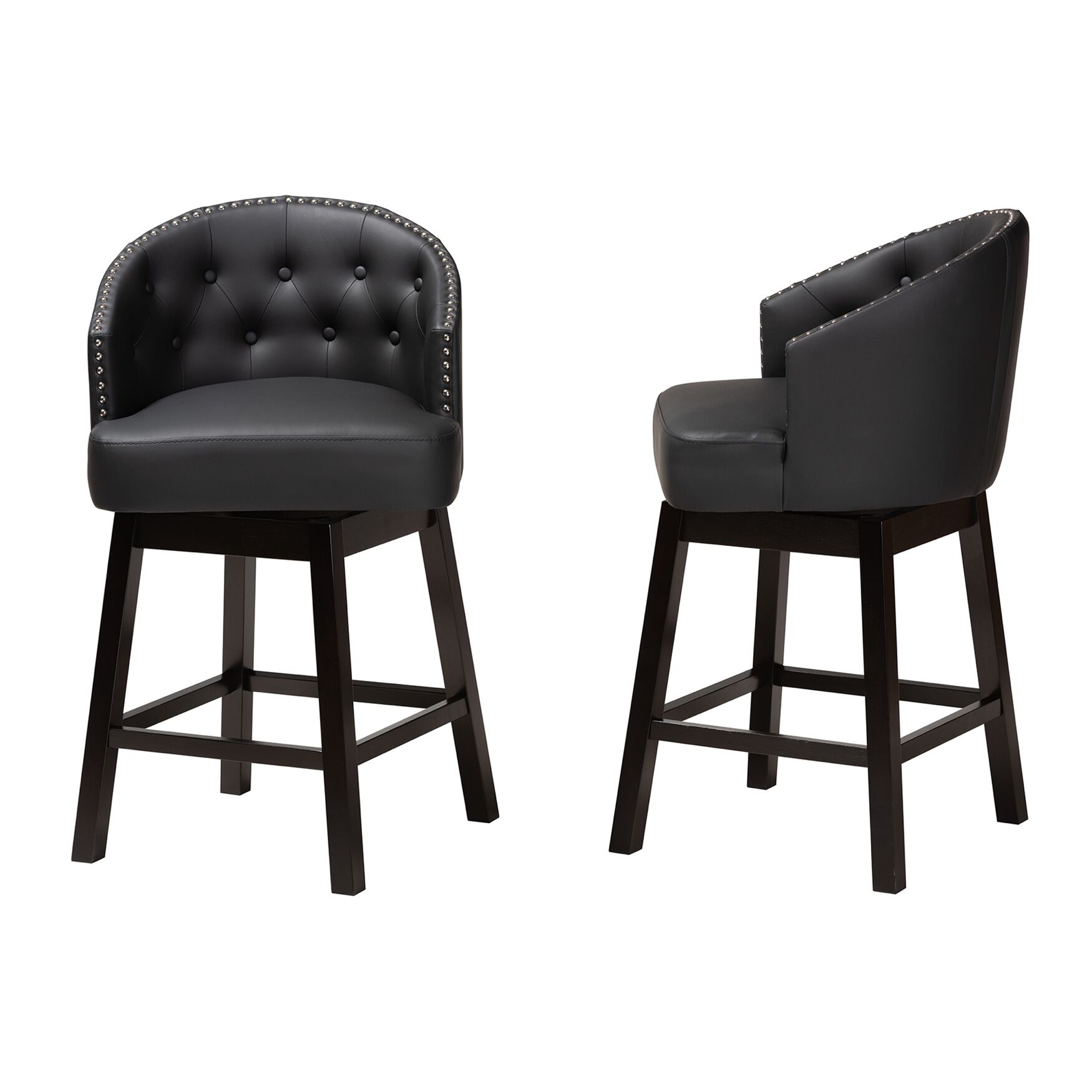 Theron Mid-Century Transitional Black Faux Leather and Espresso Brown Finished Wood 2-Piece Swivel Counter Stool Set, , alternate image number 20
