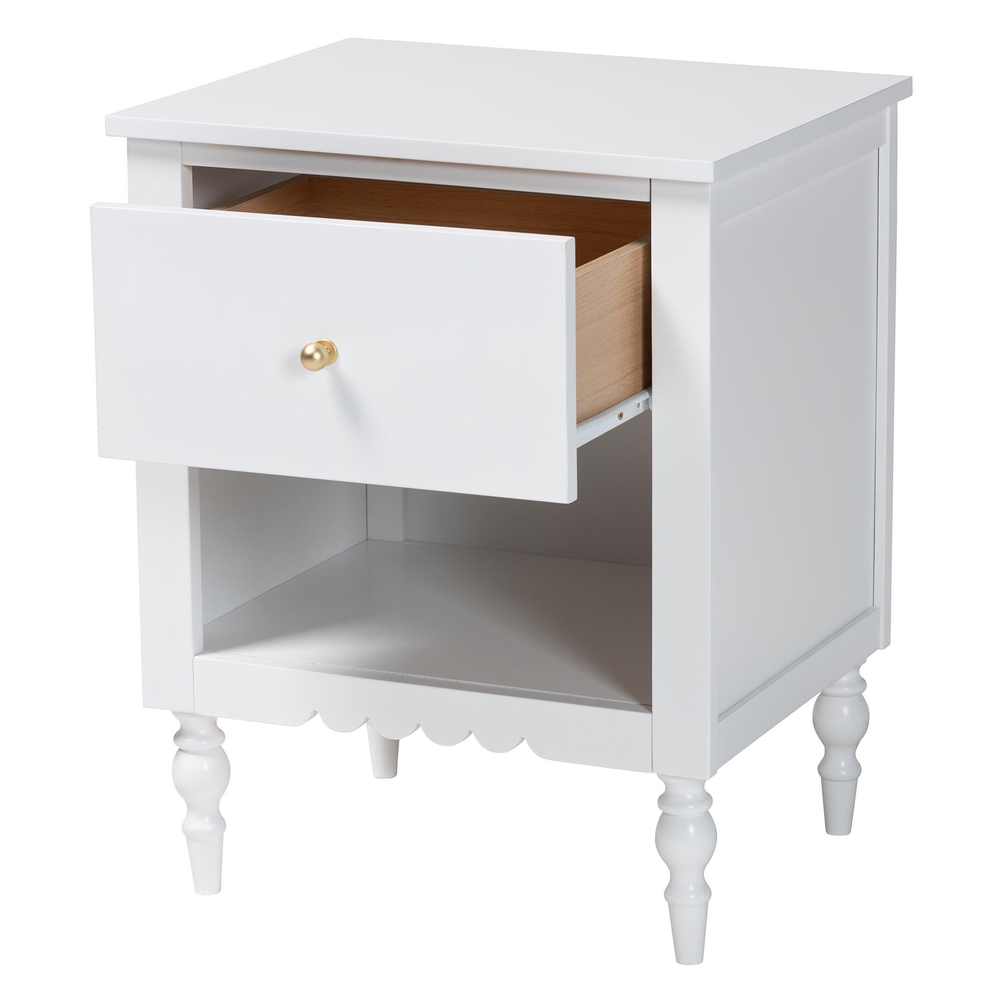 Roni Modern White Wood 1-Drawer Nightstand with Scalloped Edges, WHITE, alternate image number 2