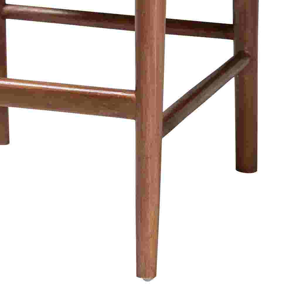 A close-up of the wooden legs and frame of a counter stool.