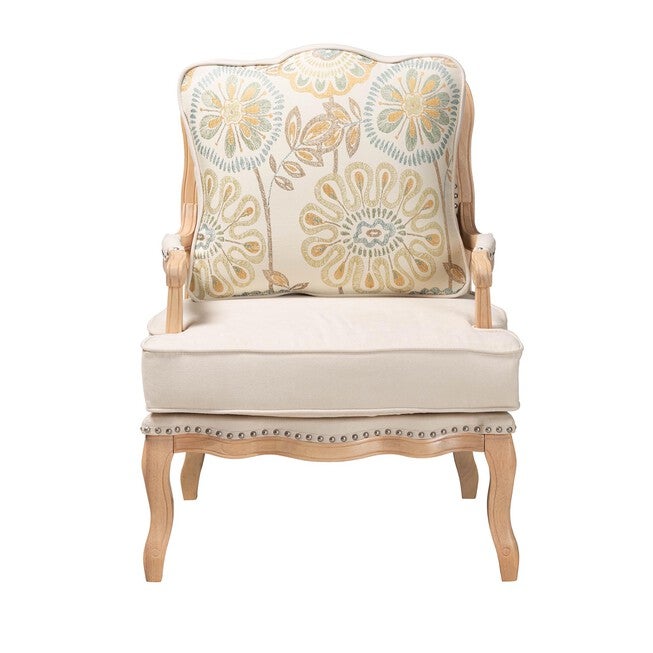 Andre Traditional French Quilted Fabric And Whitewash Finished Wood Accent Chair, , on-hover image number null