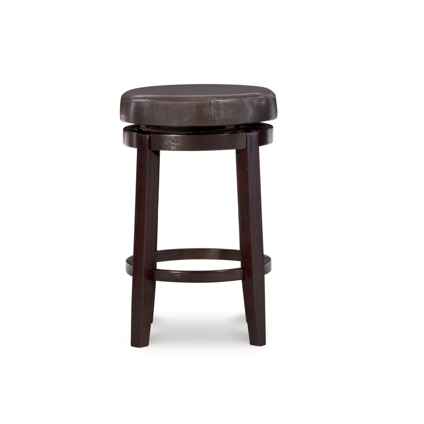 Maya counter stool with dark wooden frame and dark upholstered round seat