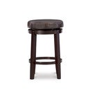 Maya counter stool with dark wooden frame and dark upholstered round seat