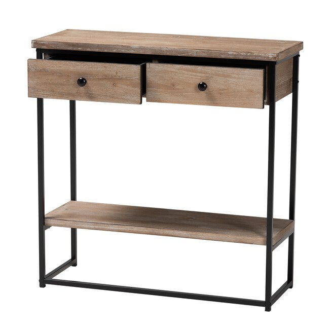 Silas Modern Industrial Natural Brown Finished Wood And Black Metal 2-Drawer Console Table, , on-hover image number null
