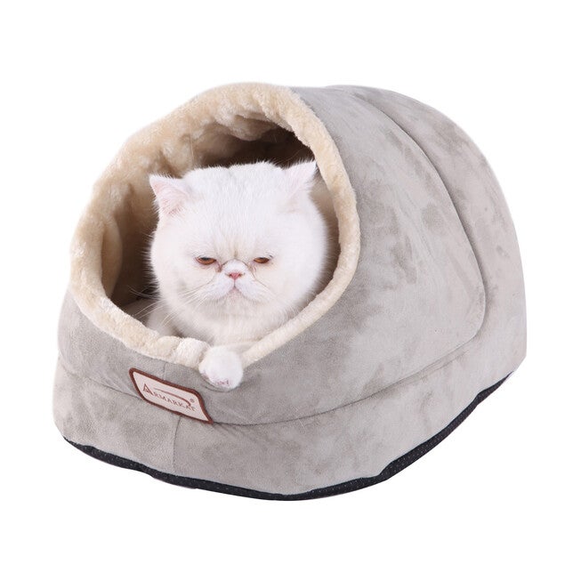 Faux Suede, Faux Fur Pet Cat Dog Cave Pet Bed, Sage Green/ Beige, GREEN BEIGE, hi-res image number 0