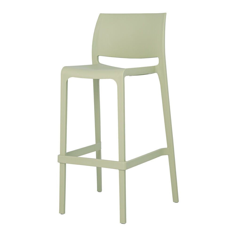 Light green bar stool front view showing straight legs and footrest
