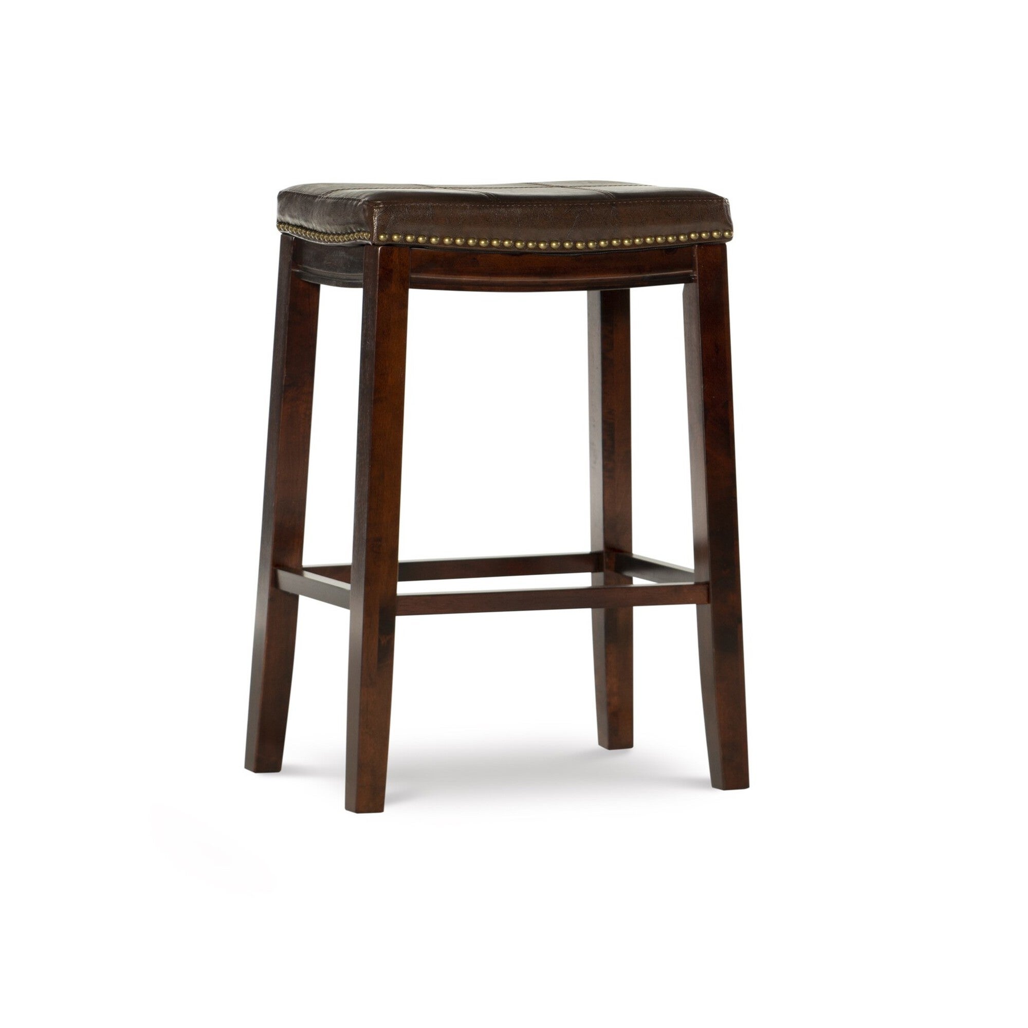Crowell brown bar stool angled view with nailhead trim and footrest