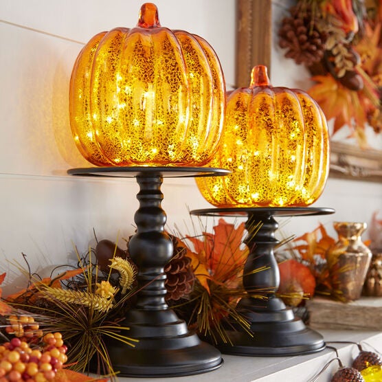 11"H x 6"Diam. Pre-Lit Glass Pumpkin on Stand, ORANGE, hi-res image number null