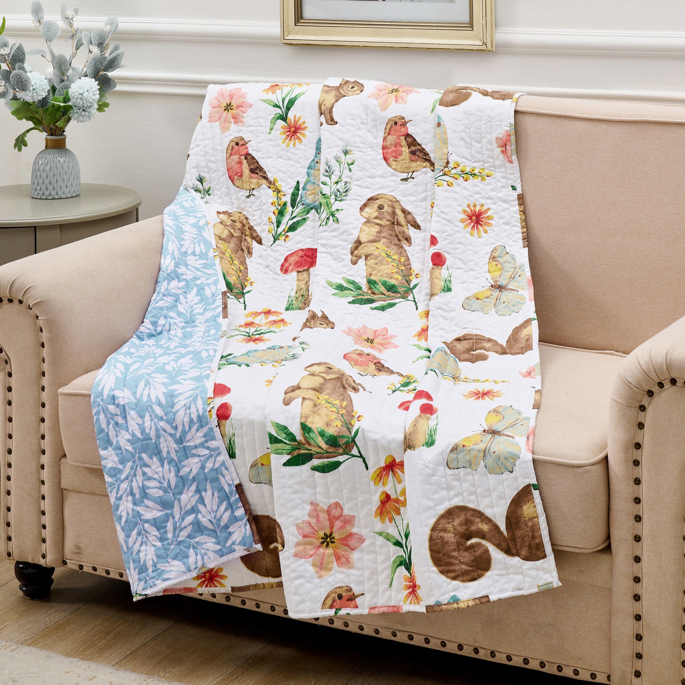 Willow Spring Forest Animals Quilted Throw Blanket, WHITE, hi-res image number 0
