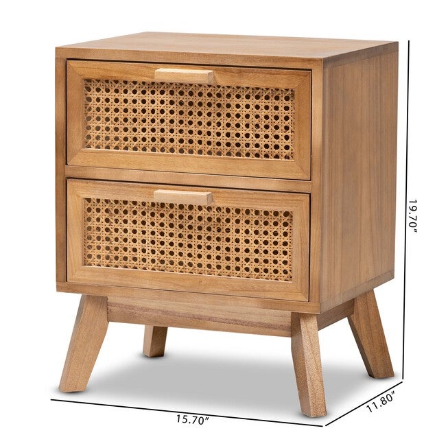 Baden Mid-Century Modern Walnut Brown Finished Wood 2-Drawer Nightstand With Rattan, , alternate image number null
