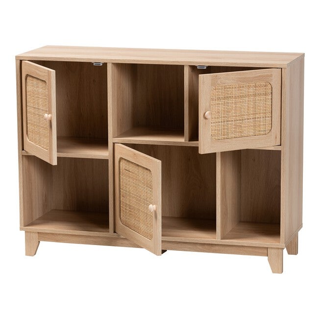 Elsbeth Mid-Century Modern Light Brown Finished Wood And Natural Rattan 3-Door Sideboard, , on-hover image number null