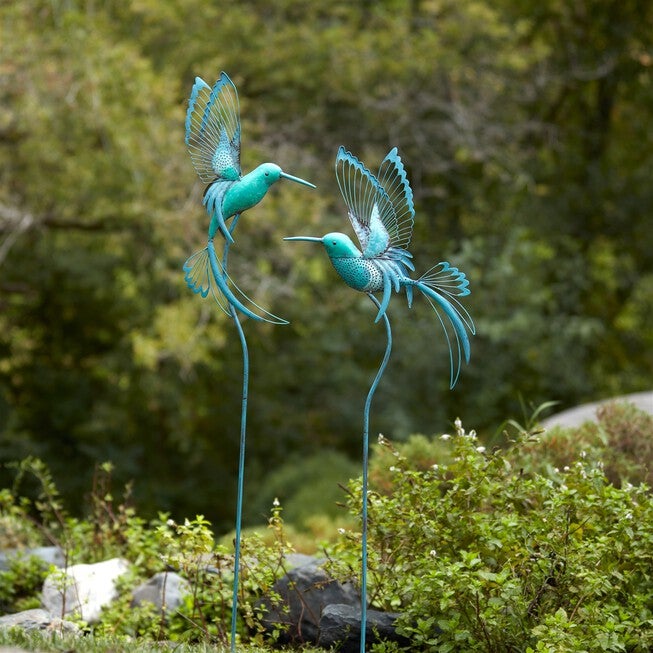Iron Metal Hummingbird Garden Stake (Set of 2), BLUE/GREEN, alternate image number null