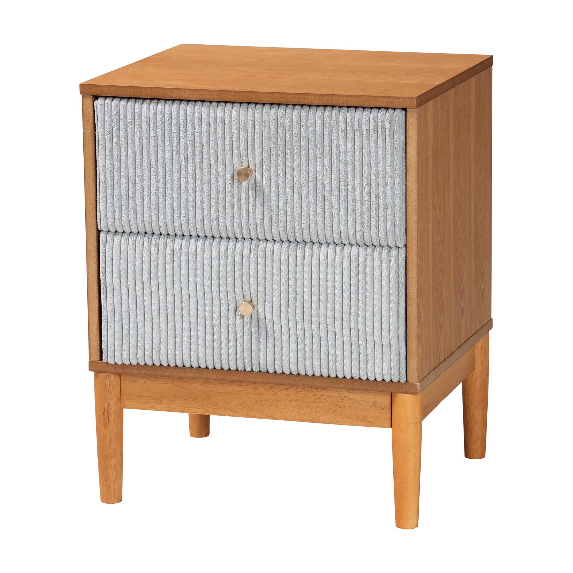 Taylin Mid-Century Grey Corduroy and Oak Brown Wood 2-Drawer Nightstand, GREY, alternate image number 1