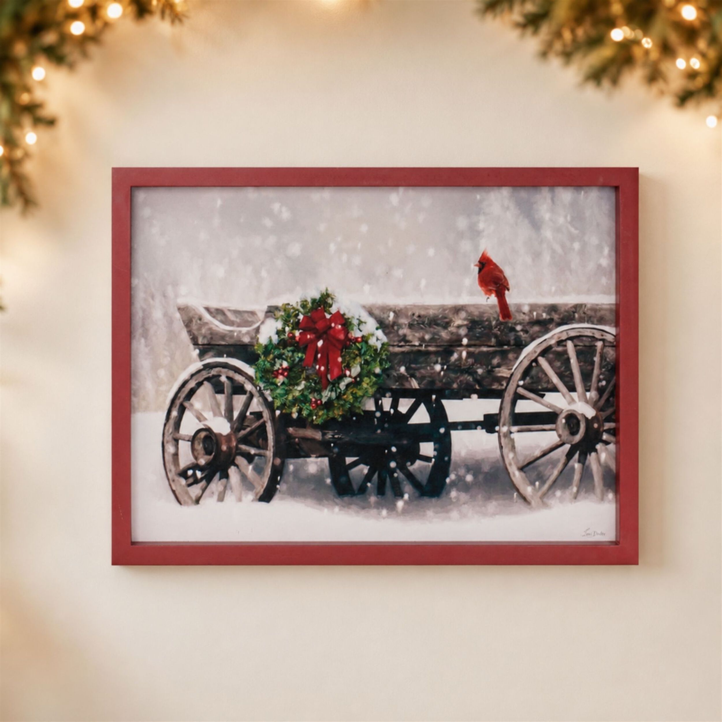 Framed Cardinal and Christmas Wagon Wall Art 15.5 inchesL, RED, alternate image number 1