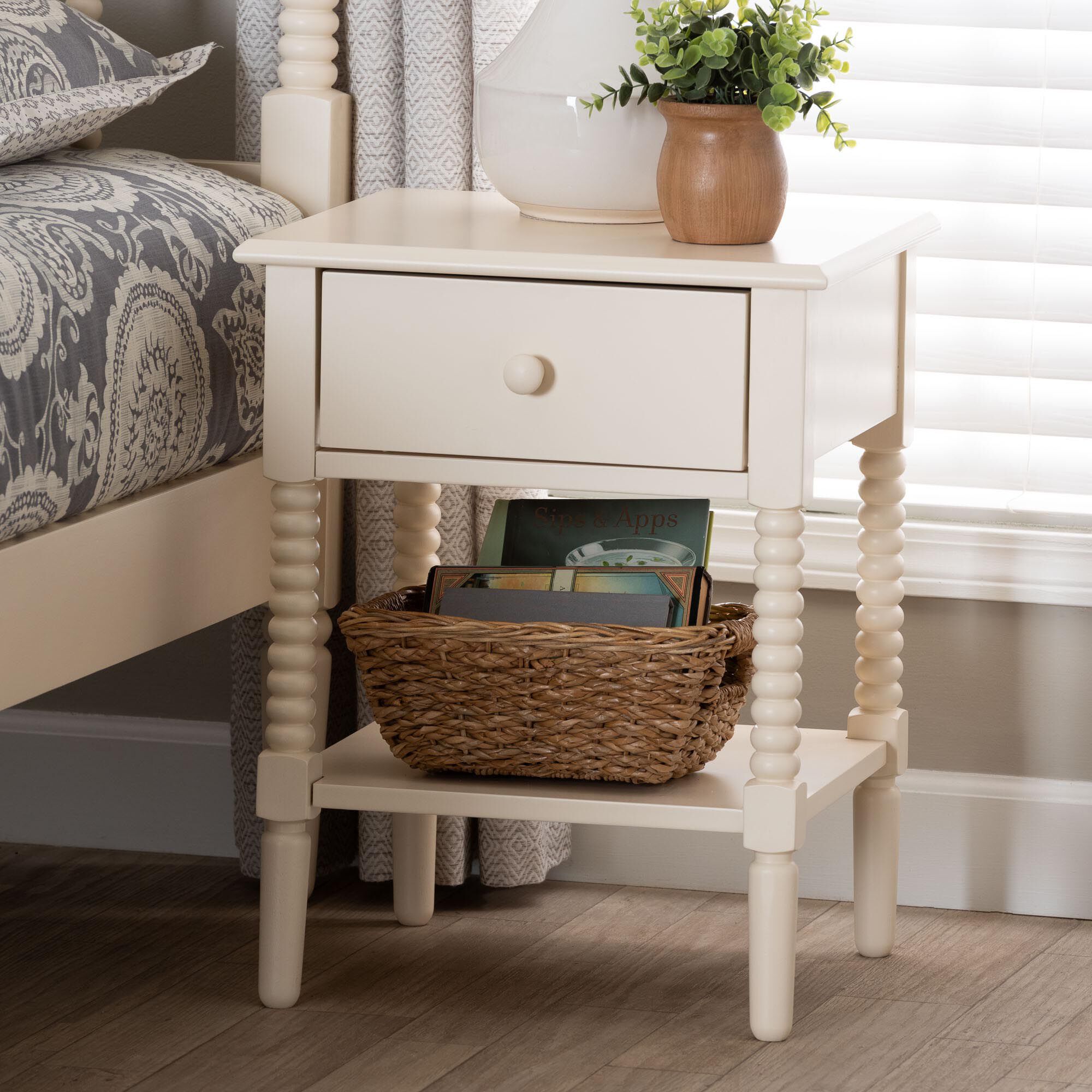 Braith Farmhouse Ivory Spindle Wood 1-Drawer Nightstand, IVORY, hi-res image number 0