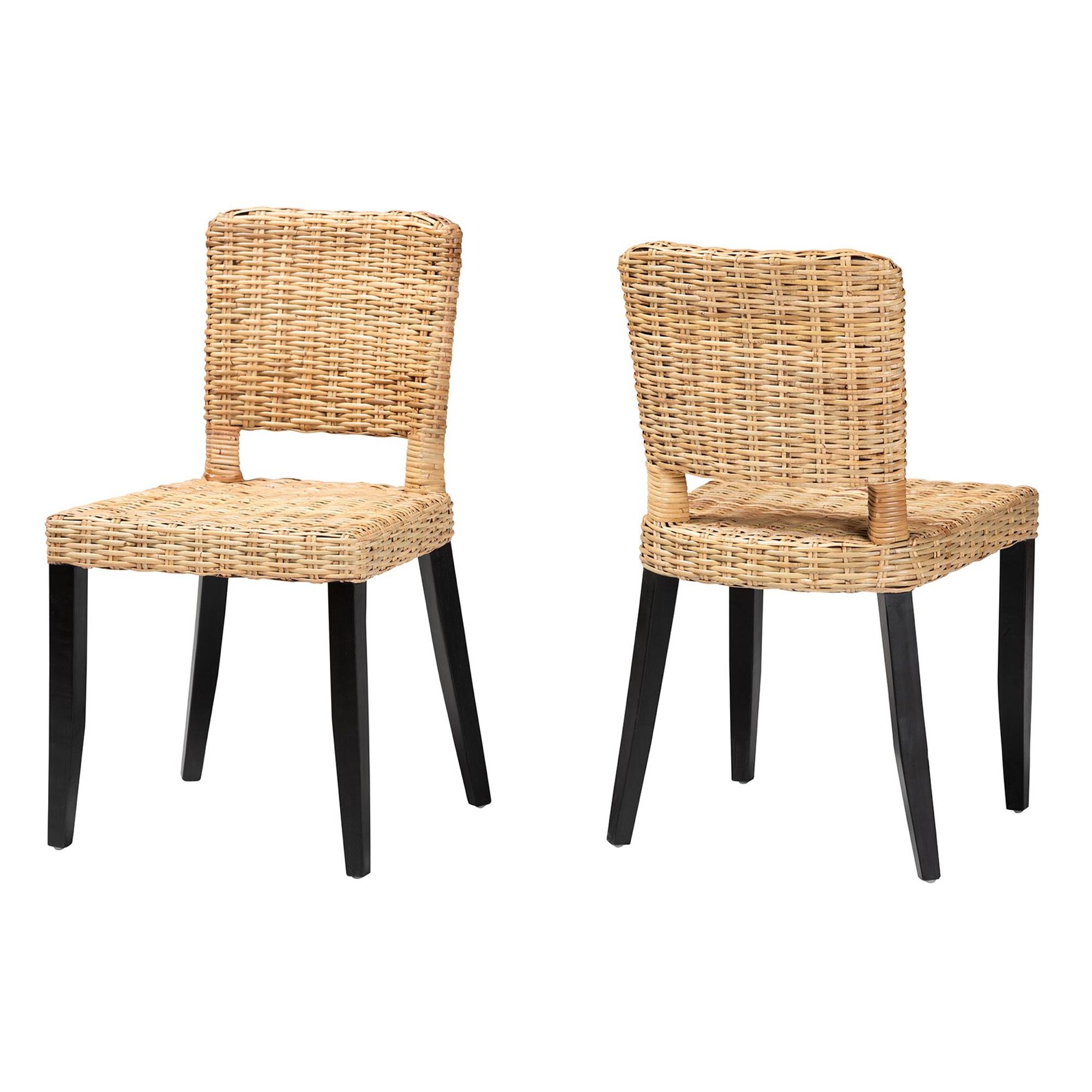 Dermot Modern Bohemian Dark Brown Finished Wood And Natural Rattan 2-Piece Dining Chair Set, DARK BROWN, hi-res image number 0