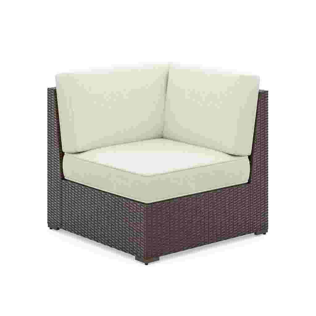 White cushioned outdoor sectional side chair with dark brown wicker frame