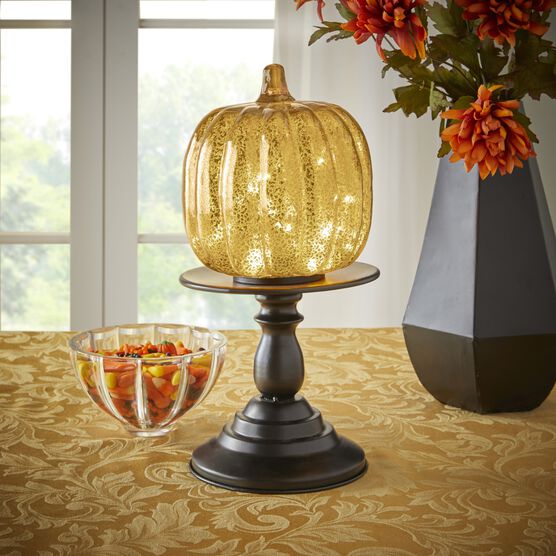 11"H x 6"Diam. Pre-Lit Glass Pumpkin on Stand, , alternate image number null