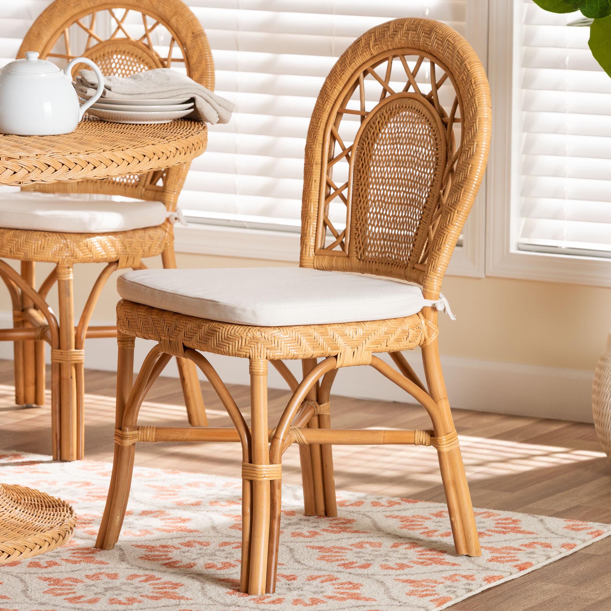 Adam Natural Rattan Dining Chair with Curved Backrest and Removable Cushion, HONEY, hi-res image number 0