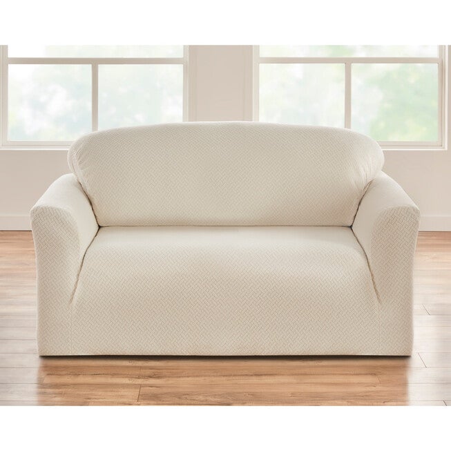 BH STUDIO BASKETWEAVE STRETCH Loveseat SLIPCOVER, IVORY, hi-res image number 0