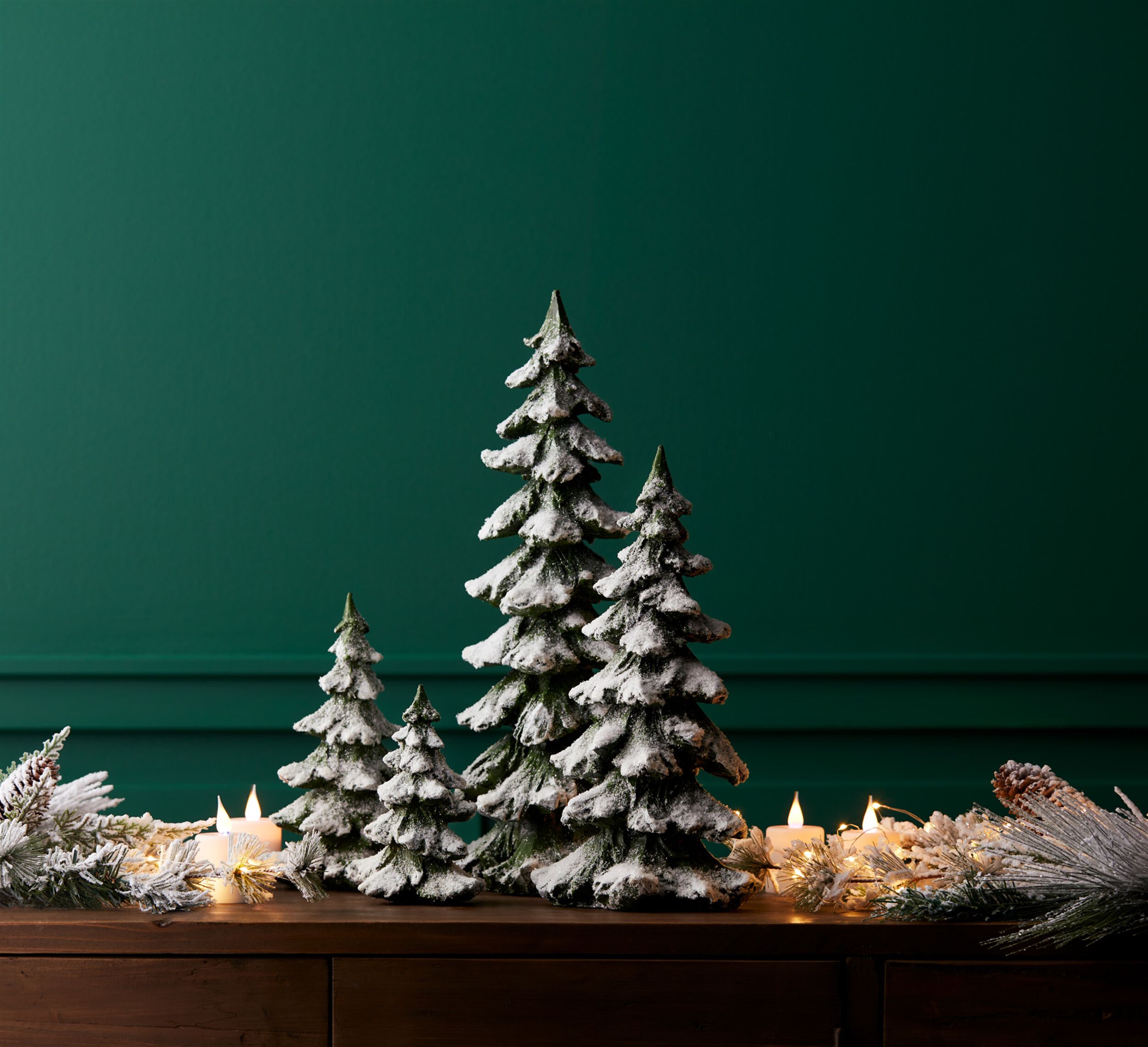 Green Flocked Pine Tree Decor (Set of 4), GREEN WHITE, alternate image number 4