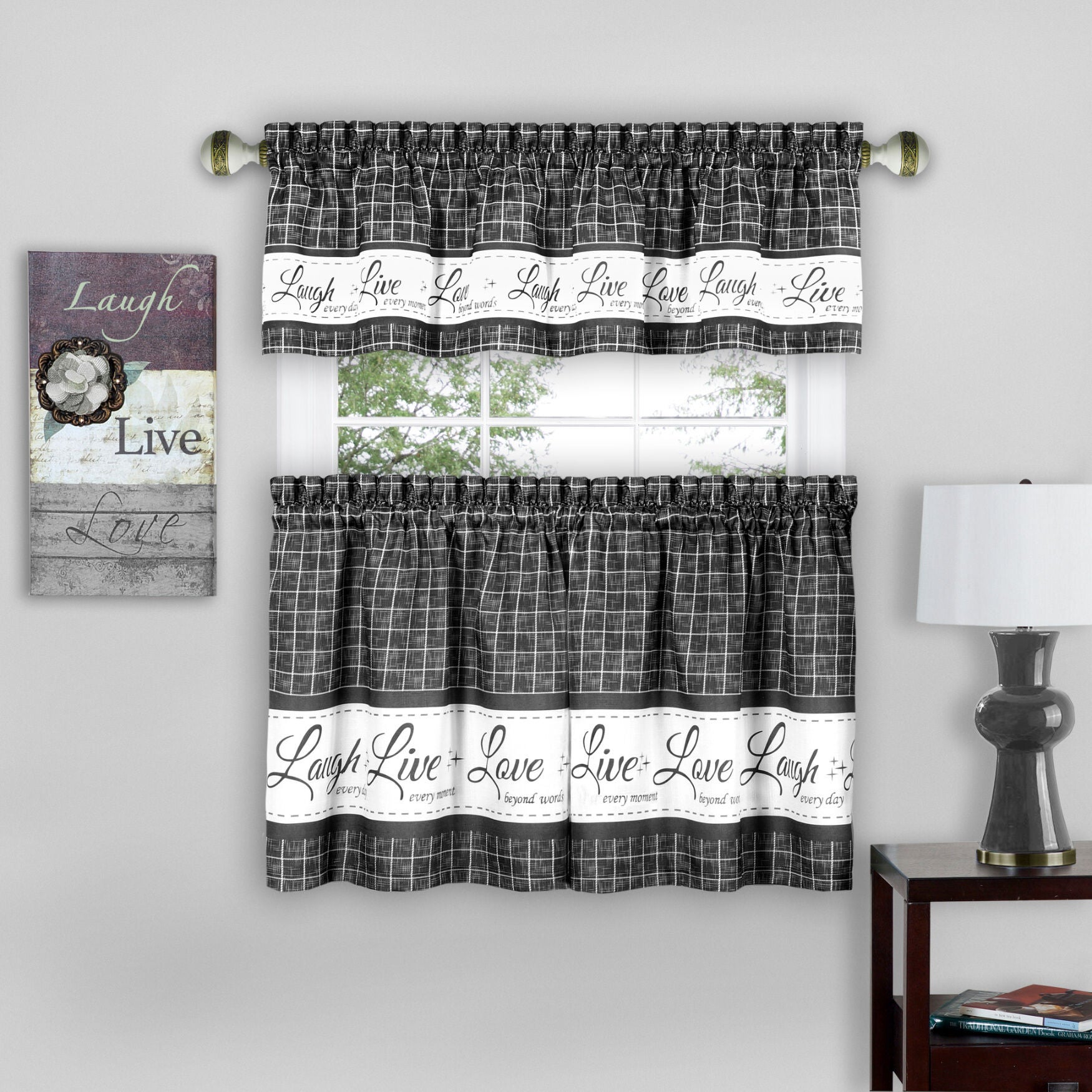 Live, Love, Laugh Window Curtain Tier Pair and Valance Set - 58x24, , alternate image number 3