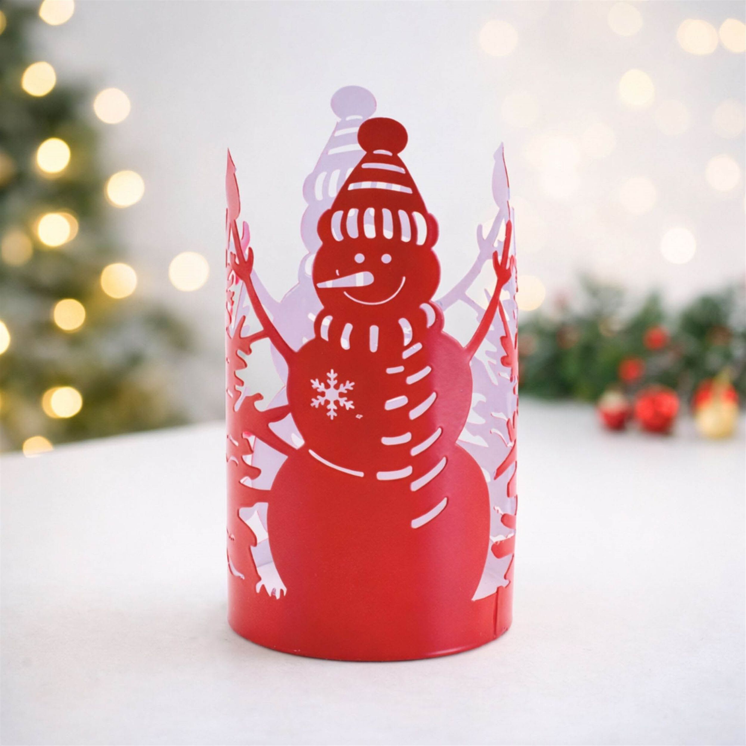 Cut Metal Snowman Candle Holder 8 inchesH, RED WHITE, alternate image number 1