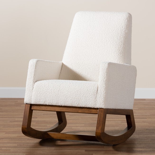 Yashiya Mid-Century Modern Off-White Boucle Upholstered And Walnut Brown Finished Wood Rocking Chair, , alternate image number null