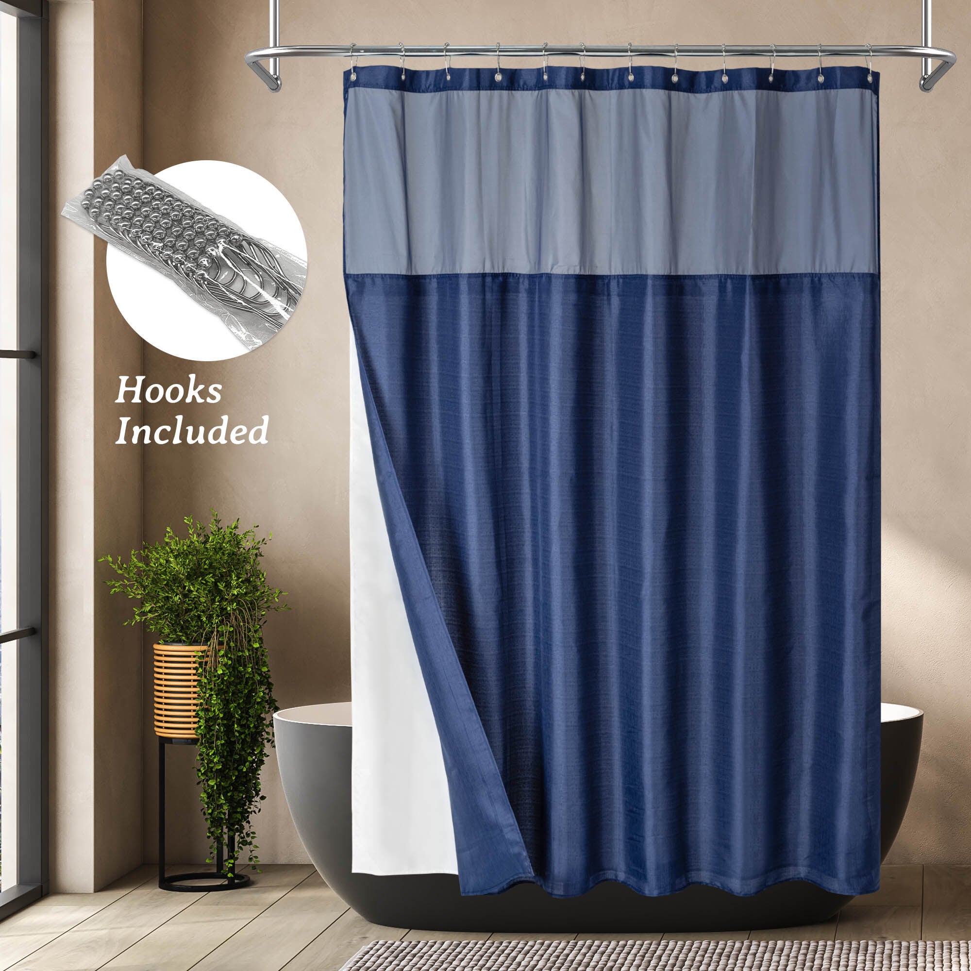 Slub Linen Texture Shower Curtain with Snap-in Liner, Hooks Included, NAVY, hi-res image number 0