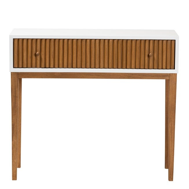 Odile Mid-Century Modern Two-Tone Natural Brown And White Bayur Wood 1-Drawer Console Table, , alternate image number null