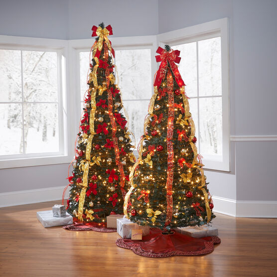 Fully Decorated Pre-Lit 7½' Pop-Up Christmas Tree, RED GOLD, hi-res image number null