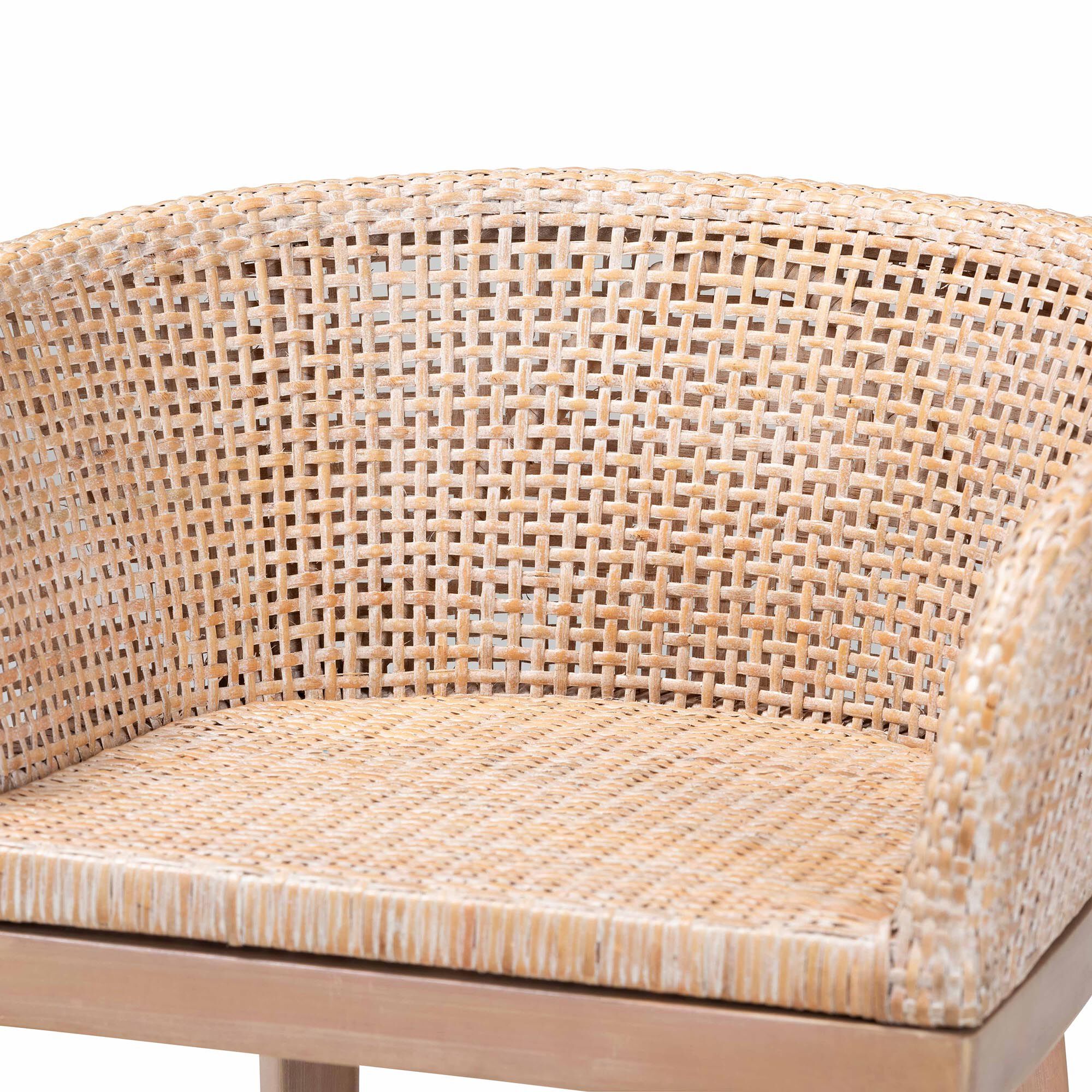 Papua Modern Bohemian Antique White Washed Rattan and Mahogany Wood Counter Stool, BROWN, alternate image number 6