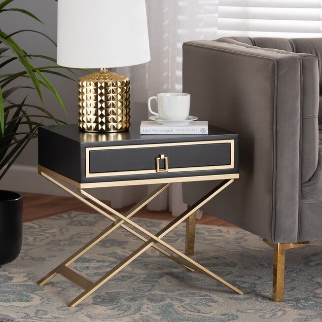 Lilibet Modern Glam And Luxe Black Finished Wood And Gold Metal 1-Drawer End Table, , alternate image number 15