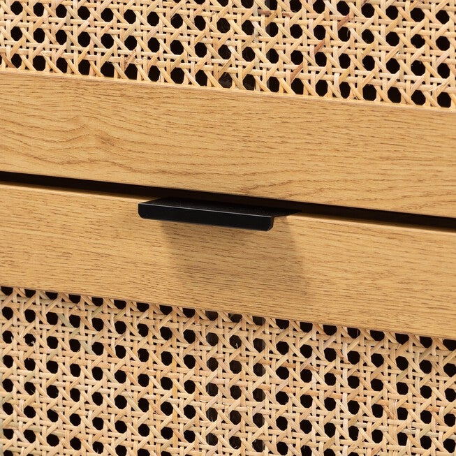 Sawyer Mid-Century Modern Industrial Oak Brown Finished Wood And Black Metal 3-Drawer Storage Cabinet With Natural Rattan, , alternate image number null