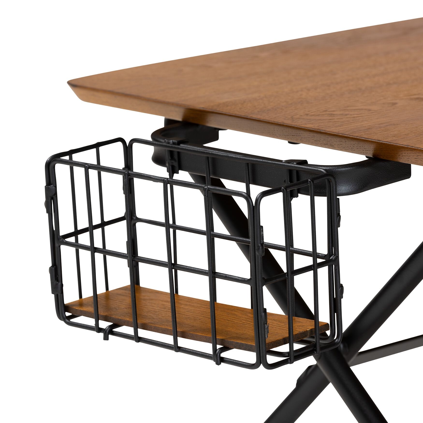 Close-up of the black wire basket attached to the side of the coffee table, showing the wooden shelf inside.
