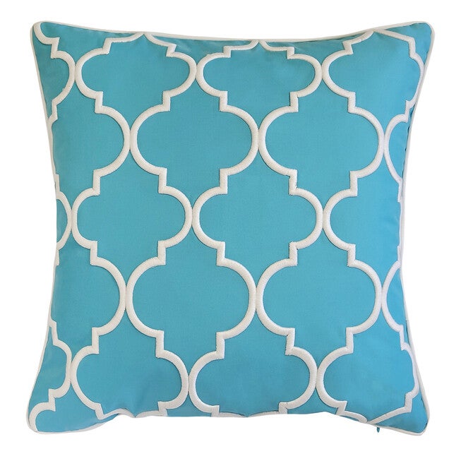 Edie @ Home Indoor/Outdoor Oversized Embroidered Quartrefoil Decorative Throw Pillow 20X20, Leaf/White, AQUA WHITE, hi-res image number 0