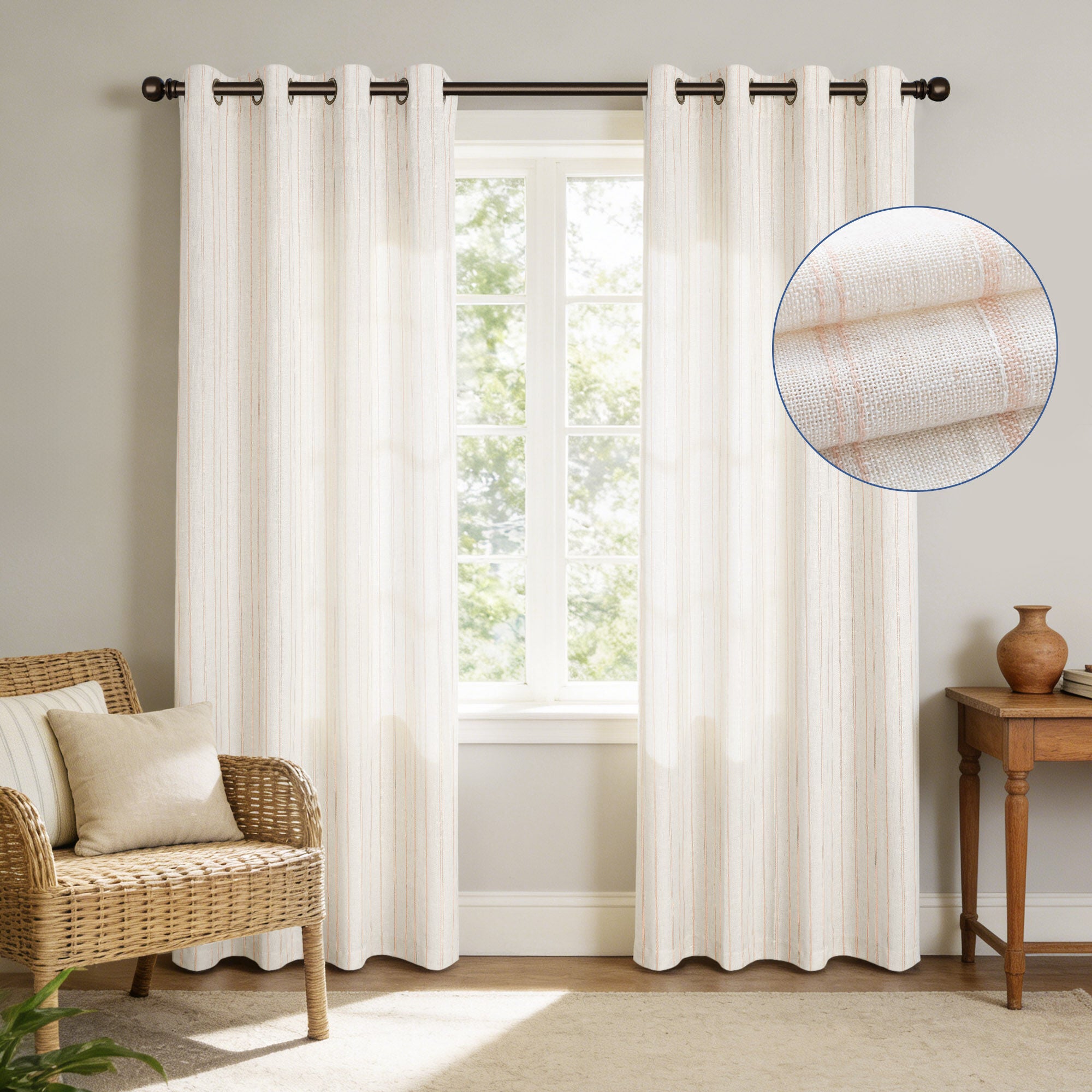 Linen Blend Woven Stripe Grommet Light Filtering Curtain Pair, PINK, hi-res image number 0