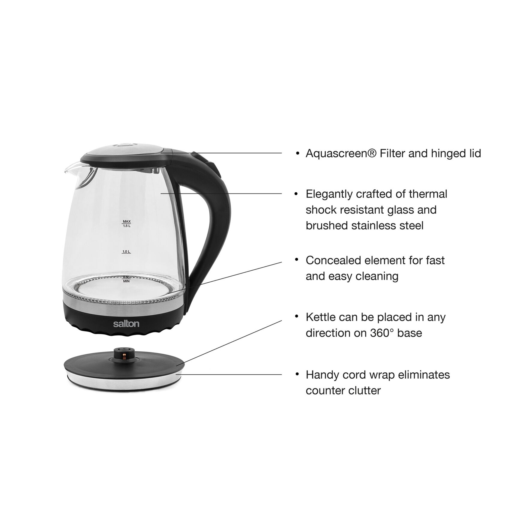 Salton&reg; Compact Cordless Electric Glass Kettle, , alternate image number 3