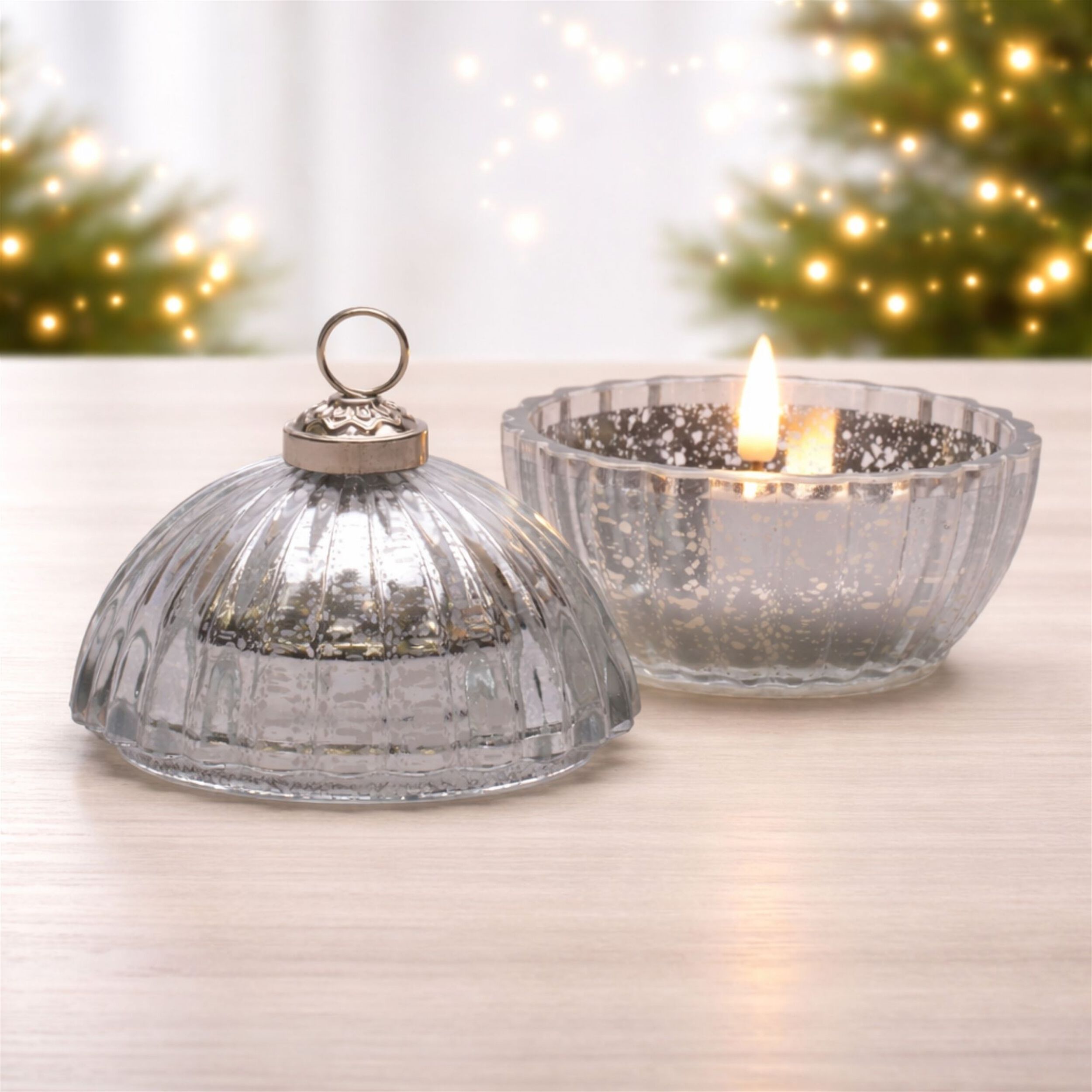 Glass Ornament with LED Candle Inside 4 inchesD, SILVER, hi-res image number 0